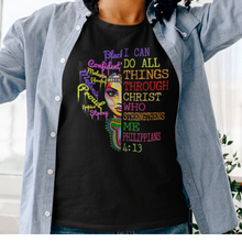 Load image into Gallery viewer, African American black Christian women's black t-shirt with bible verse PHILIPPIANS 4:13