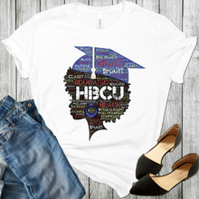 Load image into Gallery viewer, HBCU Cute African American black girl college graduate head with afro words on a white t-shirt. With black shoes and blue jeans at the bottom corners of the picture.