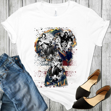 Load image into Gallery viewer, African American Activist on a white t-shirt. Martin Luther King Jr., Obama, Oprah, Michelle Obama, Malcom X and others over a faded flag and inside of a black woman's head and shoulders. She is crying.Black shoes and blue jeans are at the bottom corners of the picture.