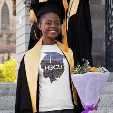 Load image into Gallery viewer, HBCU Cute African American black girl college graduate head with afro words on a white t-shirt. With black shoes and blue jeans at the bottom corners of the picture.