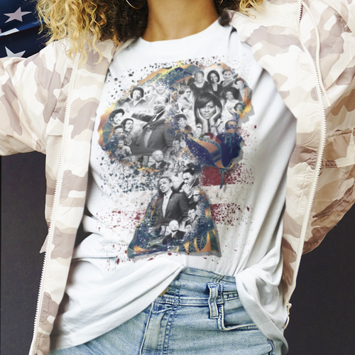 African American Activist on a white t-shirt. Martin Luther King Jr., Obama, Oprah, Michelle Obama, Malcom X and others over a faded flag and inside of a black woman's head and shoulders. 