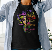 Load image into Gallery viewer, African American black Christian women&#39;s black t-shirt with bible verse PHILIPPIANS 4:13
