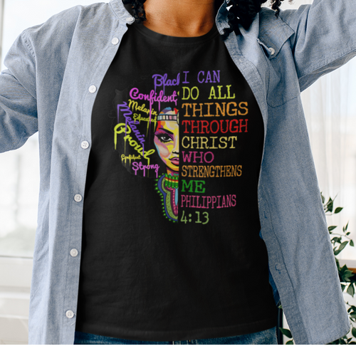 African American black Christian women's black t-shirt with bible verse PHILIPPIANS 4:13