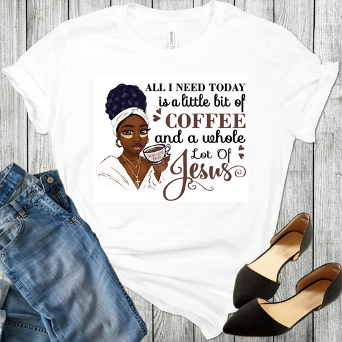 Young African American black woman with glasses on her face, hair in a bun, cross around her neck and holding a coffee cup on a white t-shirt with black shoes and blue jeans in the picture.