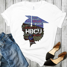 Load image into Gallery viewer, HBCU Cute African American black girl college graduate head with afro words on a white t-shirt. With black shoes and blue jeans at the bottom corners of the picture.
