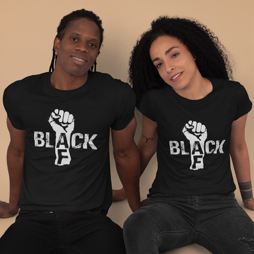 African American black man and black woman wearing a black t-shirts with a fist and the word black in white color and AF in black color on the arm of the fist. they also have on black jeans in the picture.