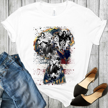 Load image into Gallery viewer, African American Activist on a white t-shirt. Martin Luther King Jr., Obama, Oprah, Michelle Obama, Malcom X and others over a faded flag and inside of a black woman&#39;s head and shoulders. She is crying.Black shoes and blue jeans are at the bottom corners of the picture.
