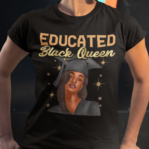 Educated Black Queen women's soft style crew neck shirt close up.