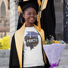 Load image into Gallery viewer, HBCU Cute African American black girl college graduate head with afro words on a white t-shirt. With black shoes and blue jeans at the bottom corners of the picture.
