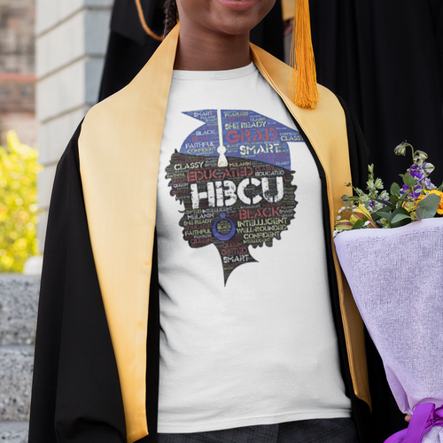 HBCU Cute African American black girl college graduate head with afro words on a white t-shirt.