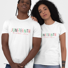 Load image into Gallery viewer, Juneteenth the celebration continues t-shirt white
