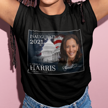 Load image into Gallery viewer, Vice President Kamala Harris with the flag and white house on a black t-shirt that a young black woman is wearing and she has blue jeans on and long braids. African American T-Shirt - Black Pride - Black History
